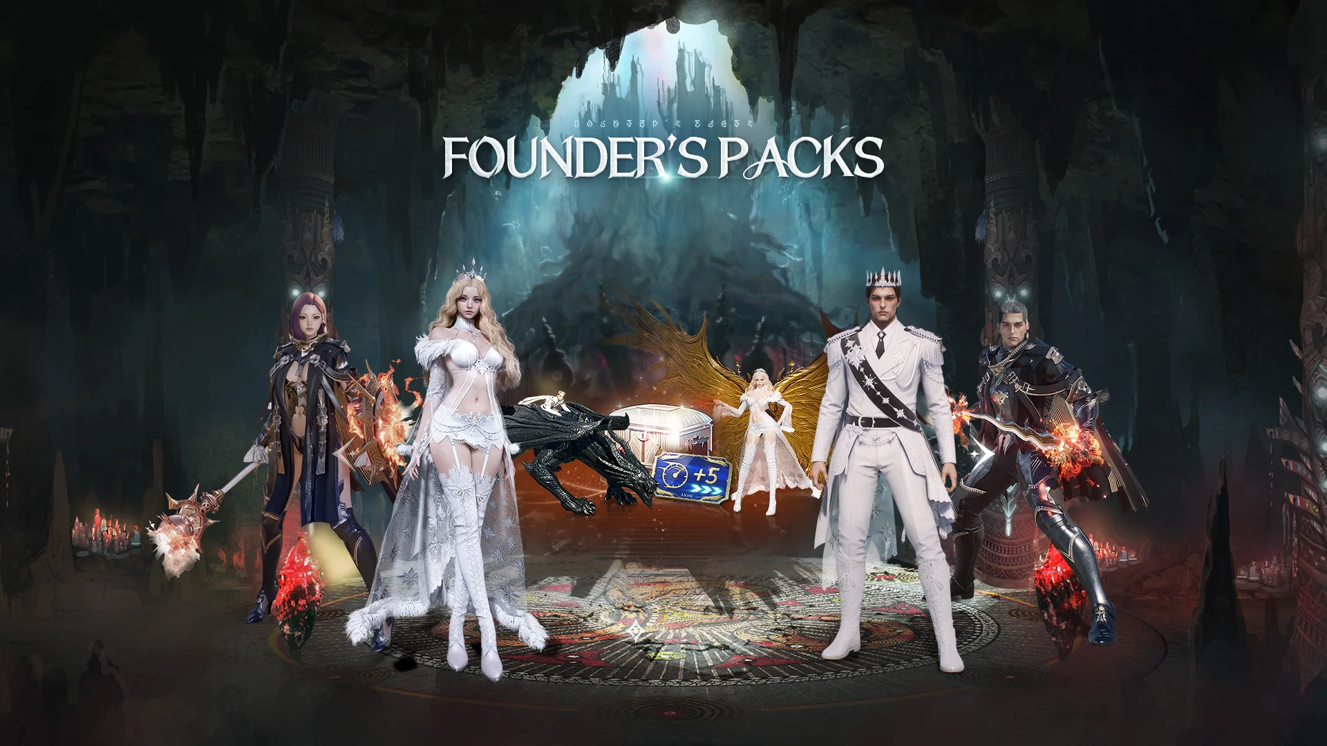 Visuel d'ensemble des Packs Fondateurs d'AION 2 : quatre Daevas en tenues d'apparat dans une caverne rituelle, entourés du coffre de ravitaillement, du familier dragon noir et des ailes dorées.