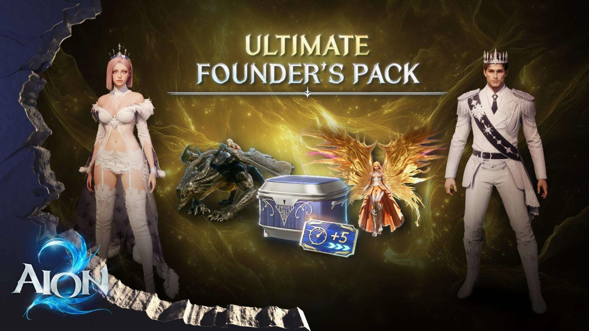 Visuel du Pack Fondateur ultime d'AION 2 : apparence d'armure Aria du clair de lune, familier Dragon noir, Ailes du soleil ardent et coffre de stylisation.