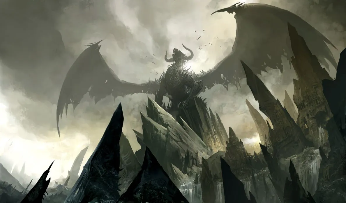 Un dragon noir imposant aux ailes déployées se tenant au sommet d'un pic rocheux escarpé dans un paysage désolé et sombre, inspiré de l'univers de World of Warcraft.