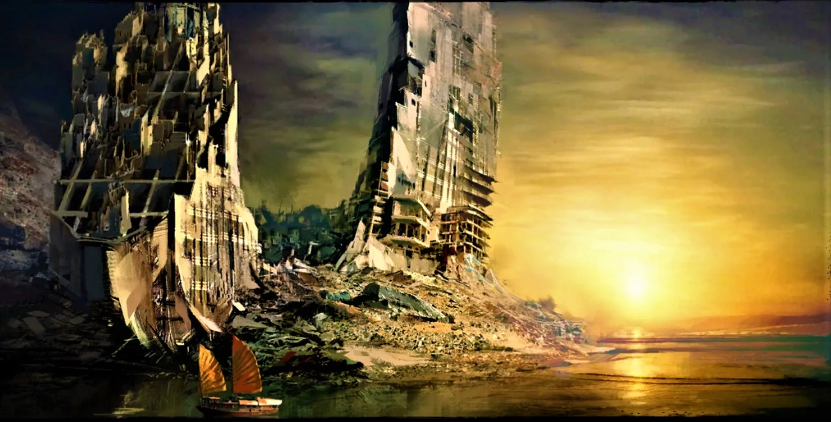 Concept art illustrant des gratte-ciels en ruine au bord de l'eau dans le style visuel de Guild Wars 2, avec un petit bateau à voiles au premier plan sous un soleil couchant.