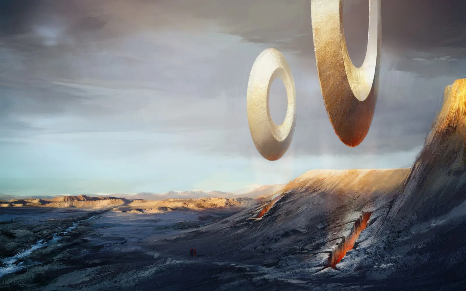 Illustration conceptuelle montrant un paysage désertique aride avec deux immenses anneaux flottants au-dessus de formations rocheuses.