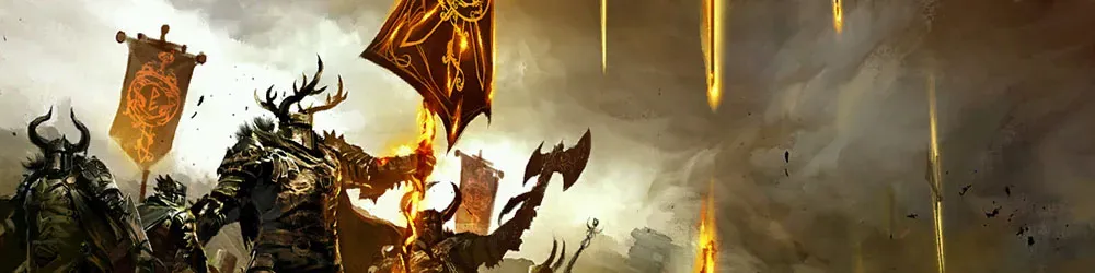 Illustration de guerriers en armure lourde portant des bannières et des armes, sous une pluie de projectiles lumineux dans Guild Wars 2.