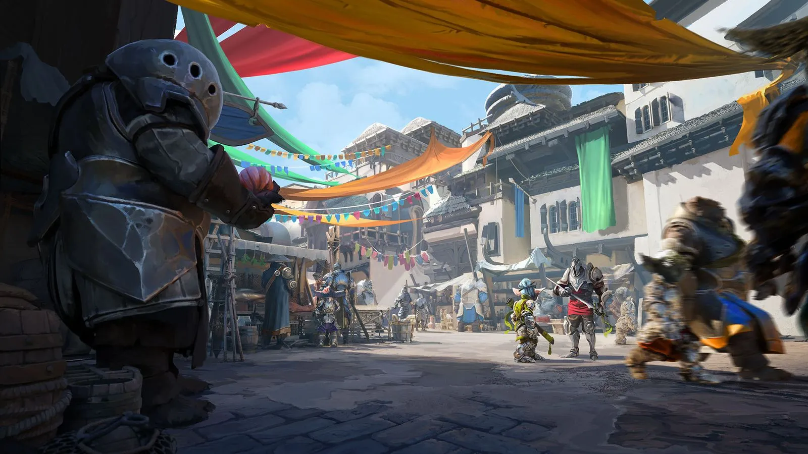 Une place de marché animée dans Clockwork Revolution avec des personnages en armure et des créatures fantastiques sous des bannières colorées.