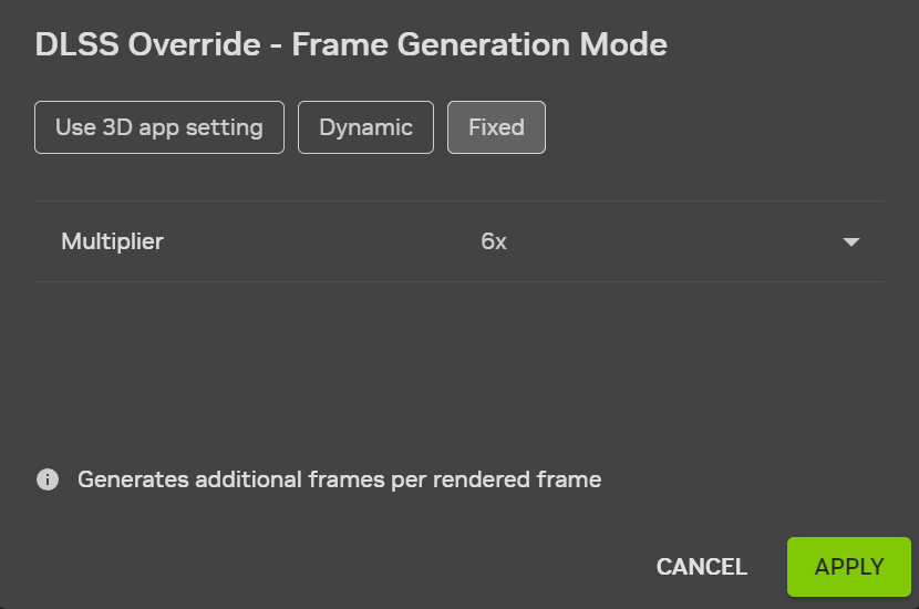 DLSS Multi Frame Generation - Multiplicateurs fixes 5X et 6X